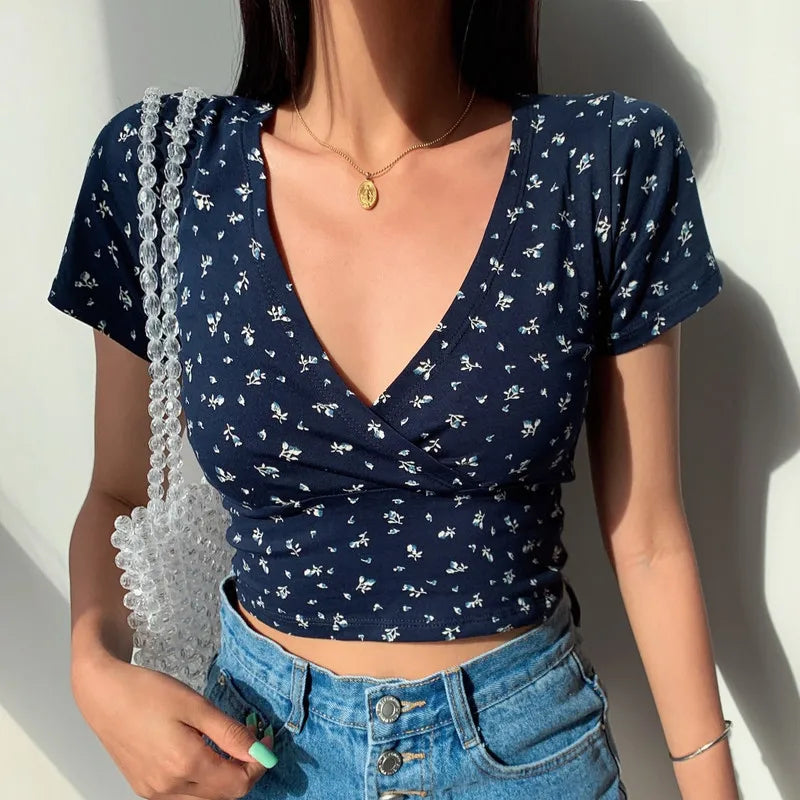 Y2K Vintage Floral Cross Crop Top, Slim Short Sleeve V-neck