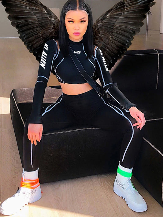 2Piece Set Fitness Full Sleeve Crop Top + Elastic Leggings