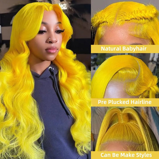 28 Inch Yellow Wig Human Hair Body Wave 13x6 HD Lace Frontal Wig Plucked 200% Density Colored Lace Wig Water Wave For Women