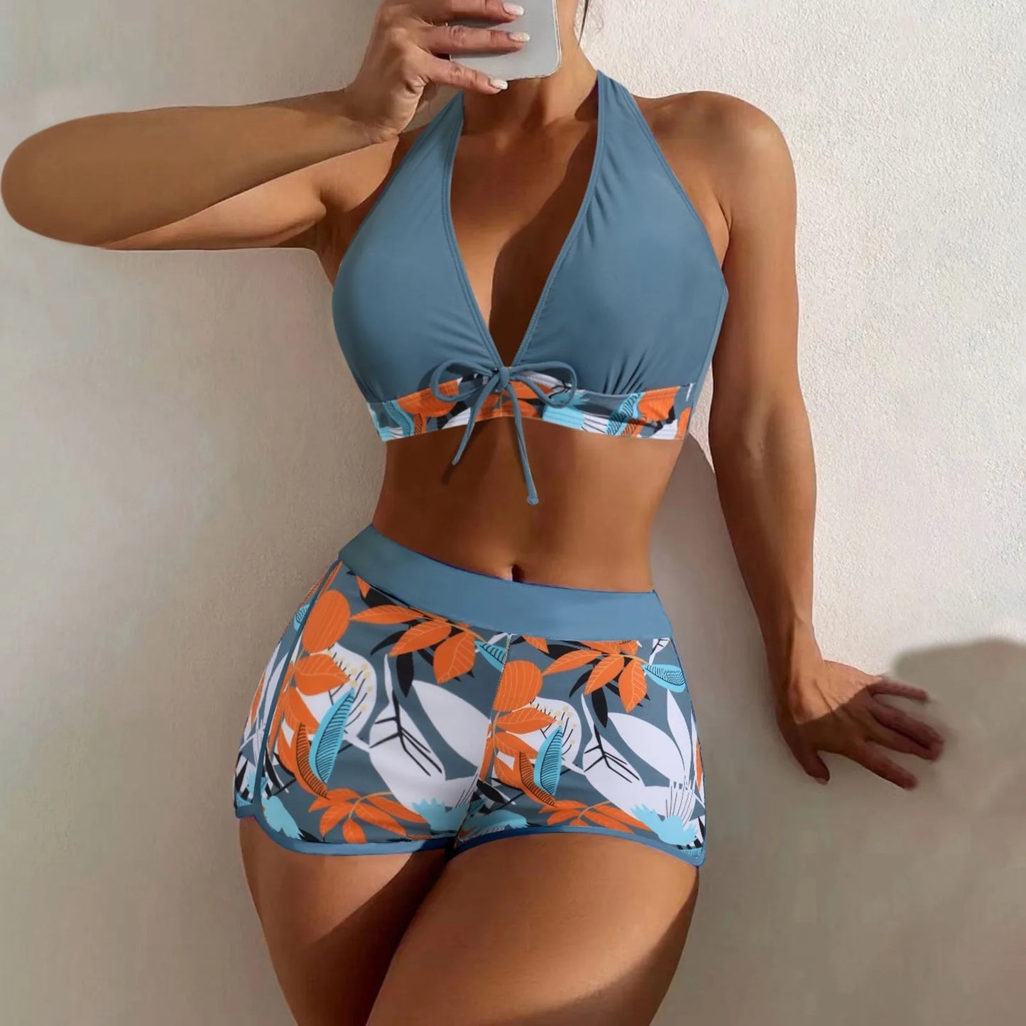 Shorts Bikinis Set High Waist Swimsuit Women Swimwear Plant Print Bathers Bathing Swim Suit Beachwear