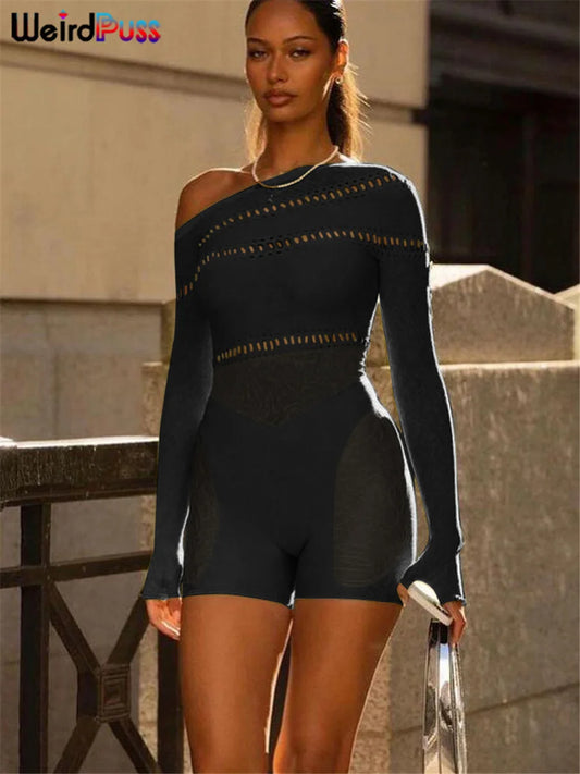 Weird Puss See Through Romper Women Sexy Hollow Rhinestones Long Sleeve Skinny Irregular Off Shoulder Body-Shaping Playsuits