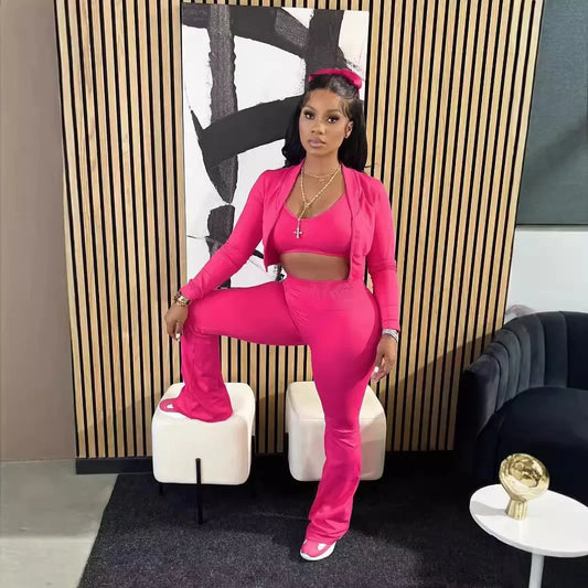 Amazon Best Seller Women's Solid Color Short Top High-Waisted Microbell-Bottom Pants Casual Two-Piece Suit From China