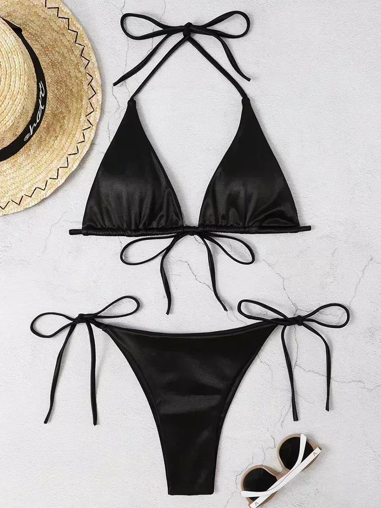 Halter Brazilian Metallic Satin Bikini Swimwear, Swimsuit Two-pieces Bikini Set High Cut Bathing Suit Swim Beachwear