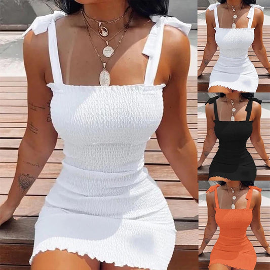 Trendy Solid Strap Short White Dresses Off Shoulder Sexy Pullover Sheath Mini Summer Beach Vest Dress