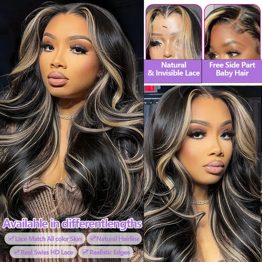 1B/27 Balayage Highlight Body Wave Wig Human Hair 30 Inch 13x4 HD Lace Frontal Wig Ombre Blonde Highlight Brazilian Hair Wigs
