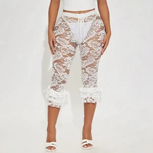 Lace Knee Length Pants, Summer Women Midi Waist Hollow Out Sexy Club Party See Through Leggings Pants