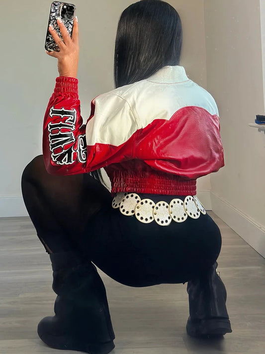 Weird Puss PU Patchwork Crop Jacket Woman Uniform Letter Print Full Sleeve Single-Breasted Cardigan Skinny Single-Button Coat
