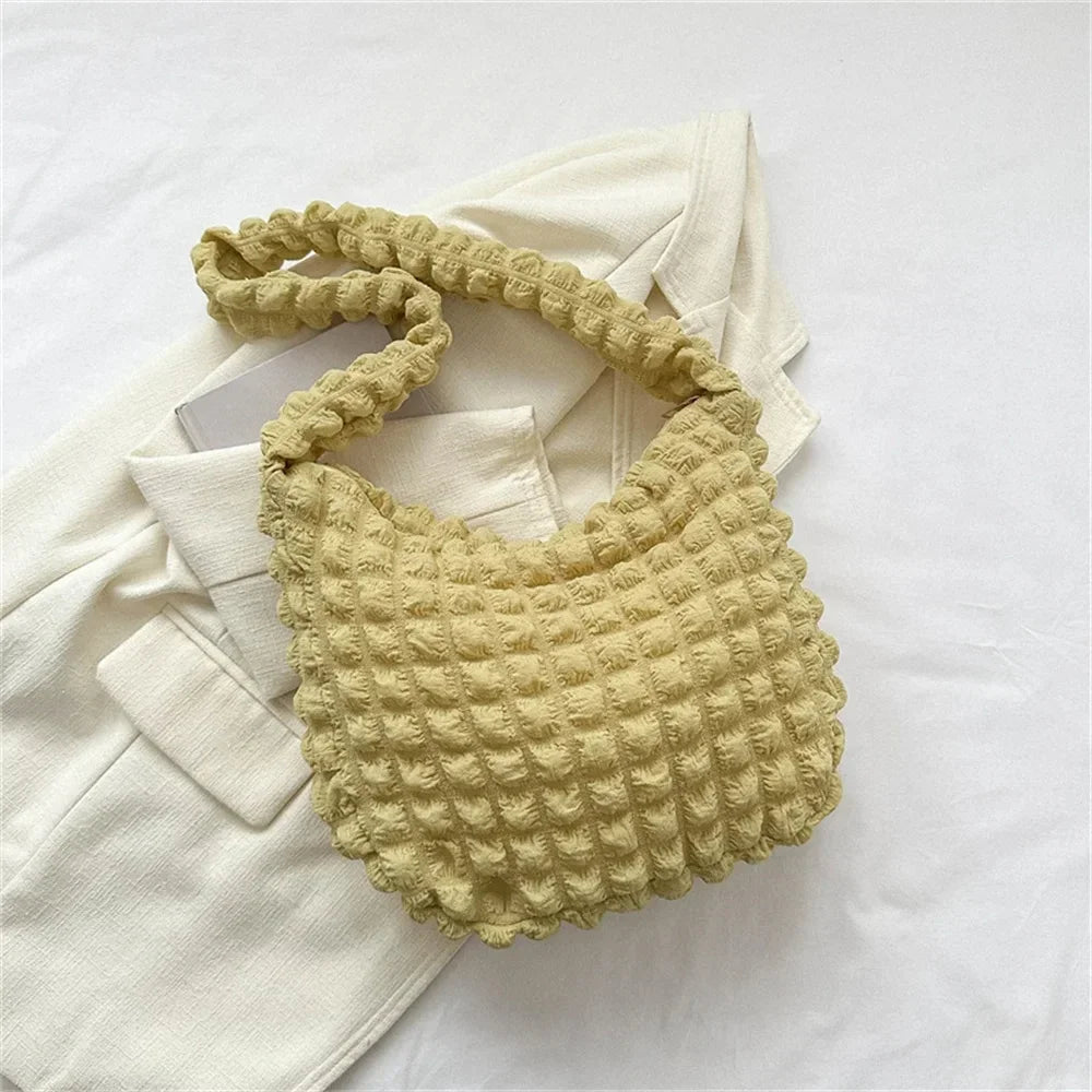 Pleated Embroidered Plaid Shoulder Bag – Crossbody & Underarm Bag, Stylish Large Capacity Quilted Tote for Women