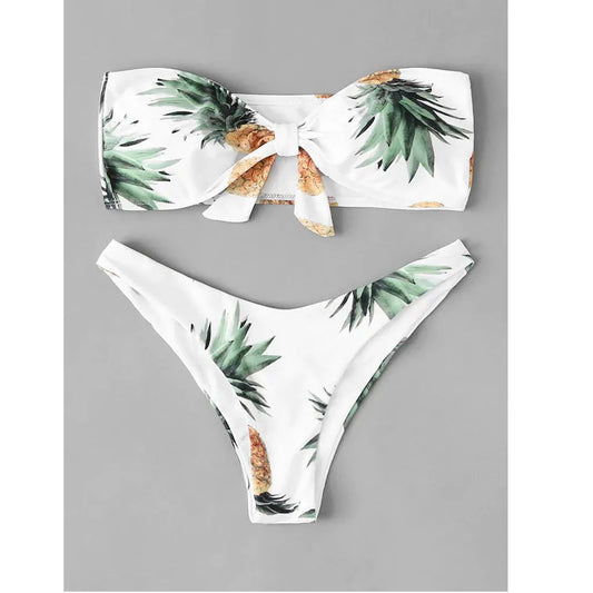 2024 Summer Women Bikini Set Trendy Sexy Solid Flower Printed Strapless Low Waist Swimsuit Beach Style Bathing Suit