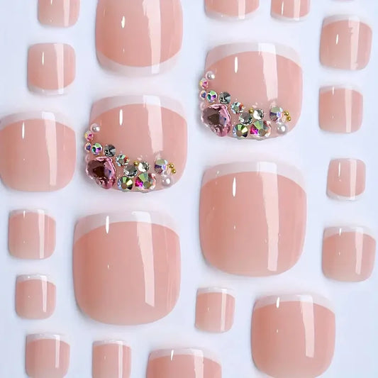 24pcs French False Toenails Glitter Diamond Decor Fake Toe nails Wearable Detachabe Ins Simple Summer Press on Nails for foot