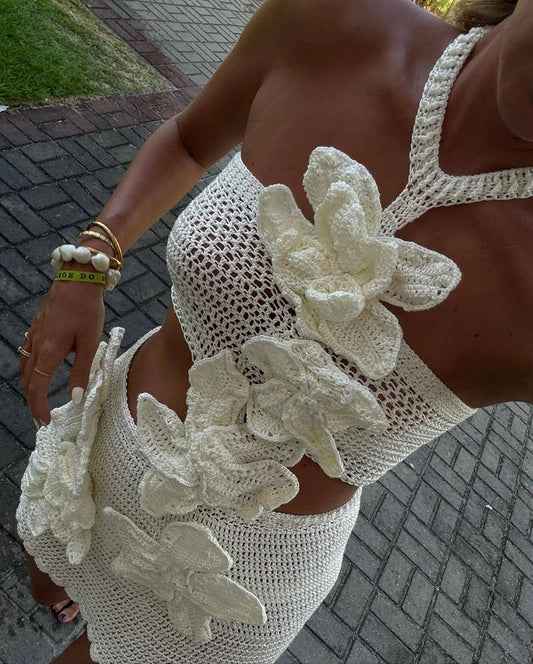STYLISH LADY Floral Appliques Dress 2025 Summer Women Halter Hollow Out Sexy Club Beach Holiday Mini Lace Vestidos De Festa