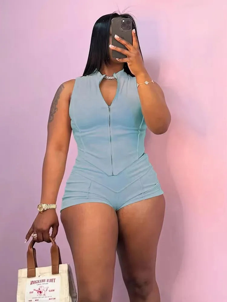 Weird Puss Lines Patchwork 2 Piece Set Women Zipper Cardigan Irregular Crop Top+Skinny Peach Hip Shorts Simple Sporty Streetweas