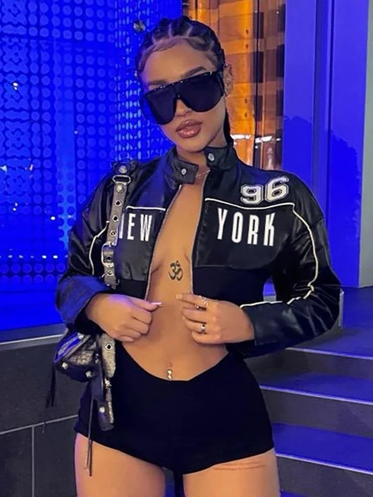 Weird Puss PU Jacket Women Letter Print Patchwork Uniform Hipster Button Zip Trend Sporty Street Varsity Casual Fall Crop Coat