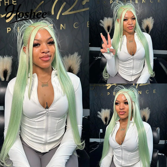 Mint Green Straight Lace Front Human Hair Wigs For Women Lake Blue Colored Human Hair Wigs 13x4 Lace Frontal Wig Pre-Plucked