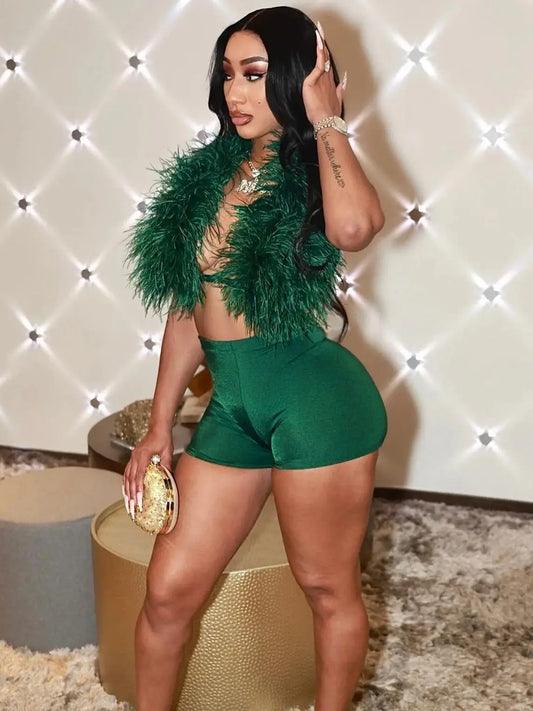 Weird Puss Sexy Hipster Fur 2Piece Set Women Luxury Tank Tops+Tight Stretch Shorts Y2K Summer Midnight Clubwear Party Outfits