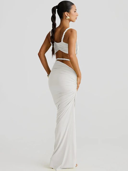 Weird Puss Square Collar 2 Piece Set Women Bra+Skinny Long Skirts Bandage Ruched 2025 Summer Vacation Beach Party Trend Suits