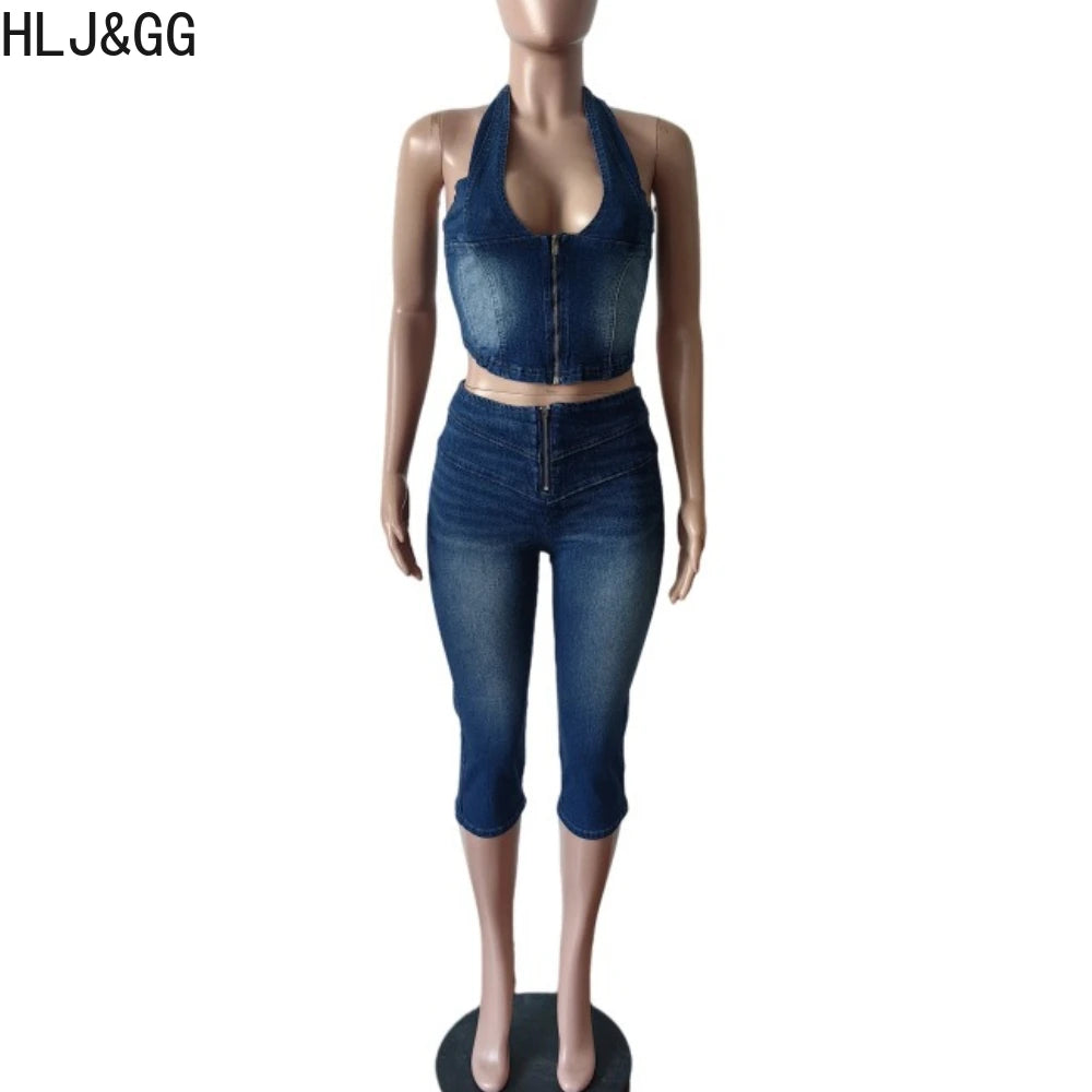 Blue Fashion jeans Halter Two Piece Sets Women Sleeveless, Backless Slim Crop Top And Skinny Jean Pants Outfits Streetwear
