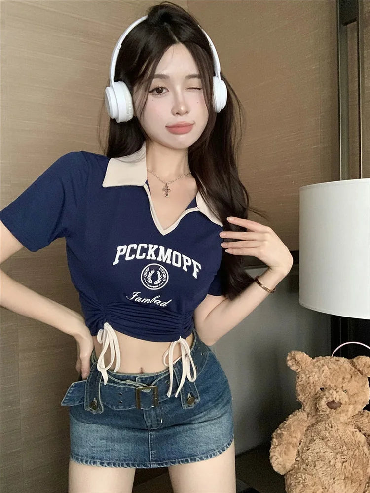 Drawstring Tie Up Crop Tops, Turndown Collar Graphic Short Sleeved Top