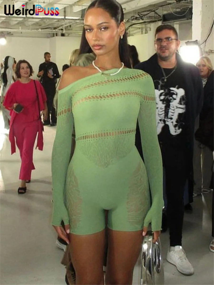 Weird Puss See Through Romper Women Sexy Hollow Rhinestones Long Sleeve Skinny Irregular Off Shoulder Body-Shaping Playsuits