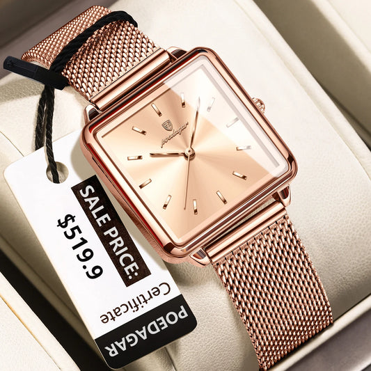 POEDAGAR Fashion Ladies Watch Waterproof Square Elegant Watch, Mesh Stainless Steel Quartz, lady's Watches, Reloj