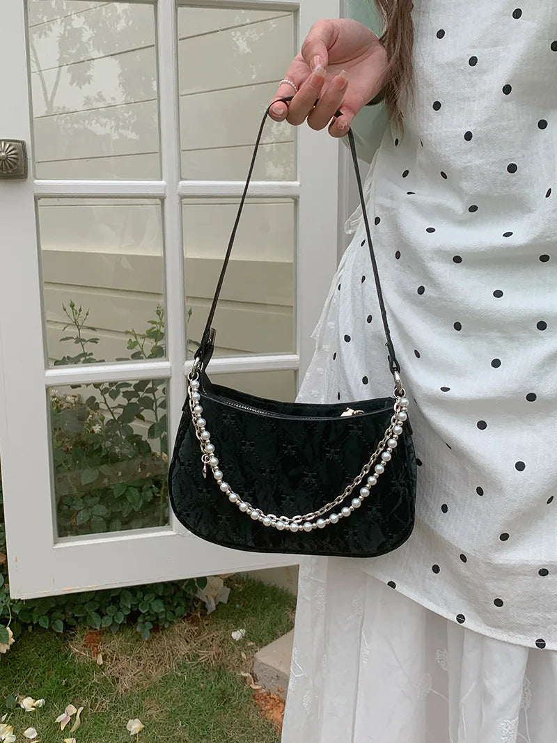 Pink Shoulder Bag Elegant Cute Bow Pearl Chains Bow Embroidery Handbag Casual Leather Korean Fashion Female Handbag