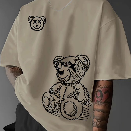 Summer Men's Pure Cotton Casual Sports Loose and Fashionable Cartoon Bear Pattern Printed Round Neck Short Sleeved T-shirt