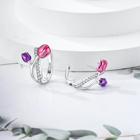Orstarry 925 Sterling Silver Sparkling Tulip Flower Earrings Jewelry Hoop Earrings For Women Jewelry Birthday Party Trendy Gifts