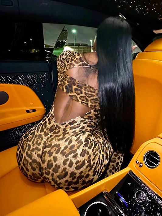Weird Puss Leopard Print Jumpsuit Women Wild Hollow Low-Neck Sexy Skinny Full Sleeve Peach Hip Midnight Party Overalls Clubwear