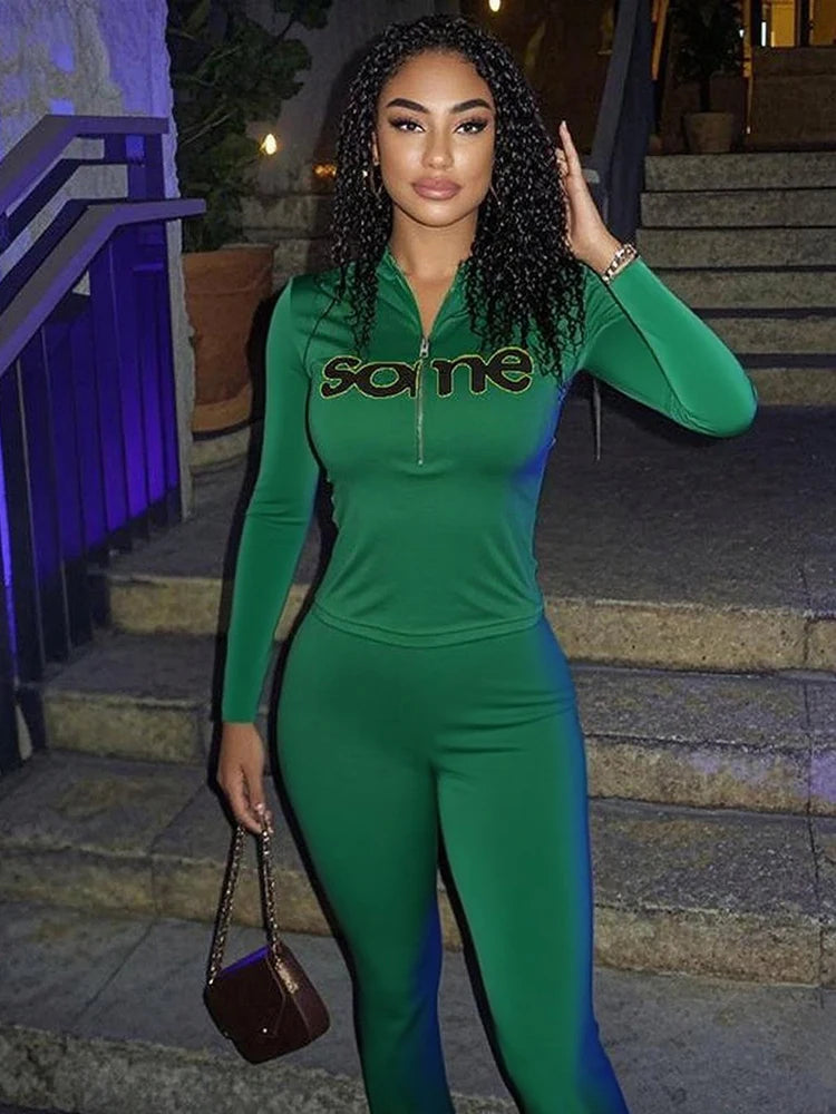 Weird Puss Casual Sporty Women2 Piece Set Letter Print Zip Crop Tops+Leggings Matching Street Stretch Skinny Streetwear Outfits