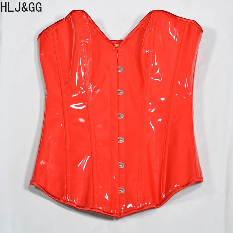 HLJ&GG Sexy Glossy Leather Two Piece Sets Women Off Shoulder Slim Crop Top+Leopard Shorts Outfits Fashion Y2K Streetwear