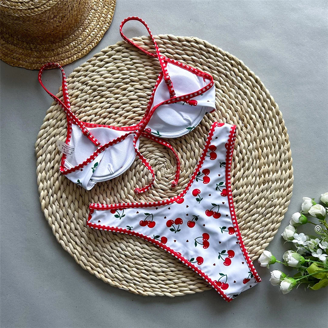 Cherry Printed Underwired Brazilian Bikini, Swimwear, Swimsuit Two-pieces Bikini set Bather Bathing Suit Swim K5913