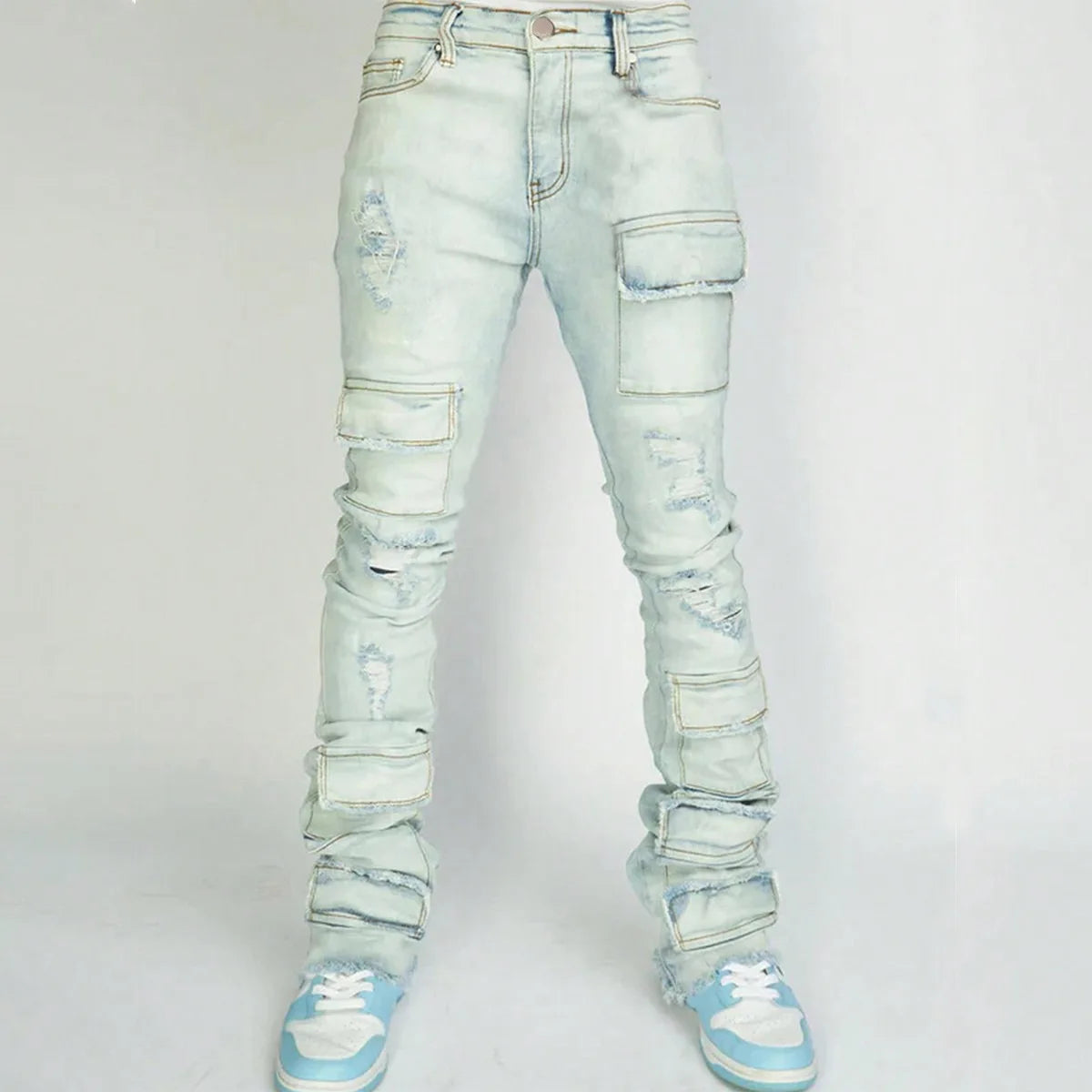 Jeans Long Pant Denim Flare Pants Hole Straight Trousers Slim Fit High Waist Casual Button Pocket Splice Autumn Winter, men's jeans