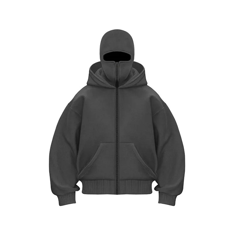 Men's Double Hat Mask Zipper Design Winter Windproof Hoodie Sports Jacket Outdoor Activities Hiking Travel Running Sweatshirt 
