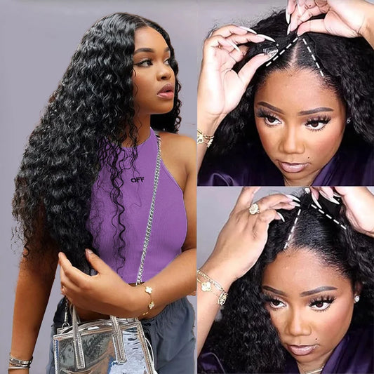 30 Inch Curly V Part Wig Human Hair Brazilian Virgin Human Hair Wig Upgrade U Part Wig Glueless V Shape Wig Natural Black Color