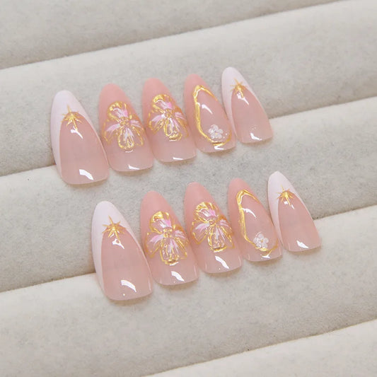 24pcs French False Nails 3D Flower Decor Korean Nude Color Fake Nails Tips Women Wearable Detchable Ins Simple Press on Nails