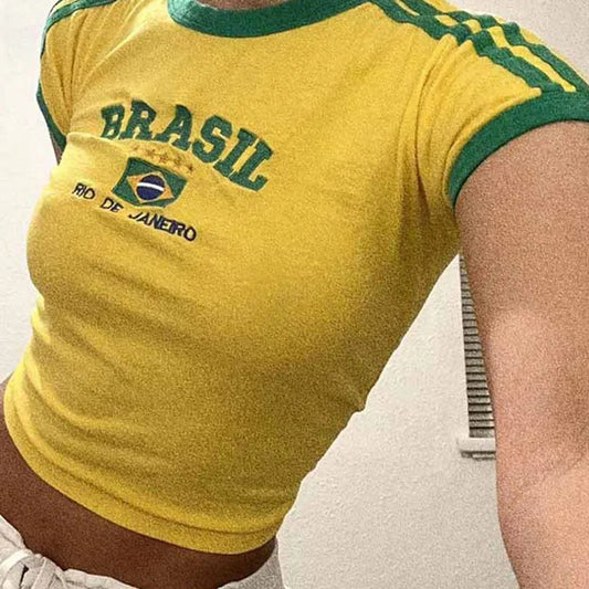 Aesthetic BRASIL Letter Print T-Shirt and Shorts Suit, Vintage Grunge Short Sleeve Baby Tees, Summer Crop Top Y2k Clothe