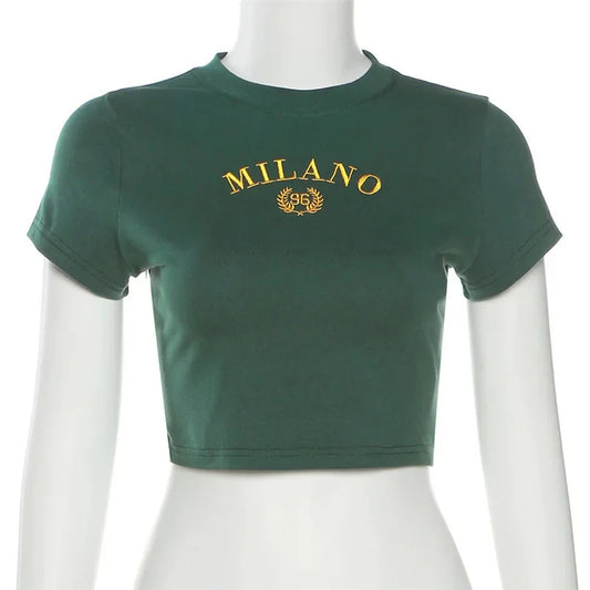 MiLano letter art printed short women's top Y2k clothing retro high street girl T-shirt 2024 traf women's cheap Y2K clothing