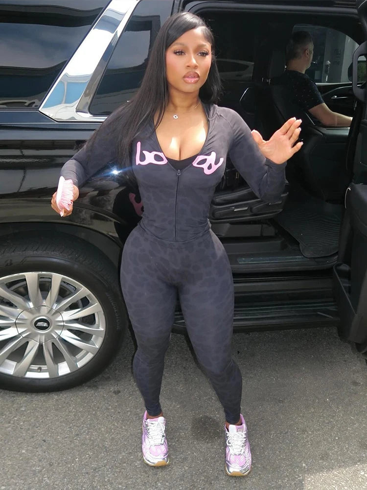 Weird Puss Leopard Print 2 Piece Set Women Tracksuit Letter Zip Hooded Crop Jacke+Leggings Matching Casual Sporty Street Outfits