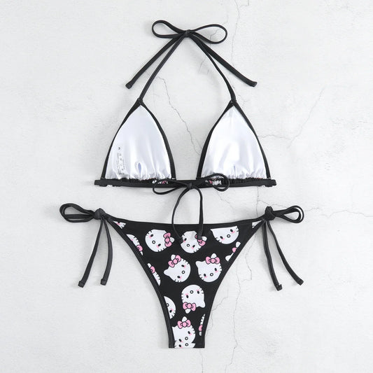 Hello Kitty Bikinis Set Kawaii Y2K Summer 2024 New Women Swimsuit Beach Strappy Panties Sexy Swimwear for Girl