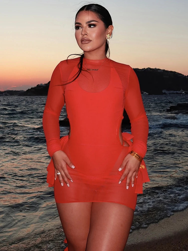 Weird Puss Irregular Backless 2 Piece Set Woman Bandgae Sexy Bodysuits+Mesh See Through Dress Vacation Beach Party Trend Outfits