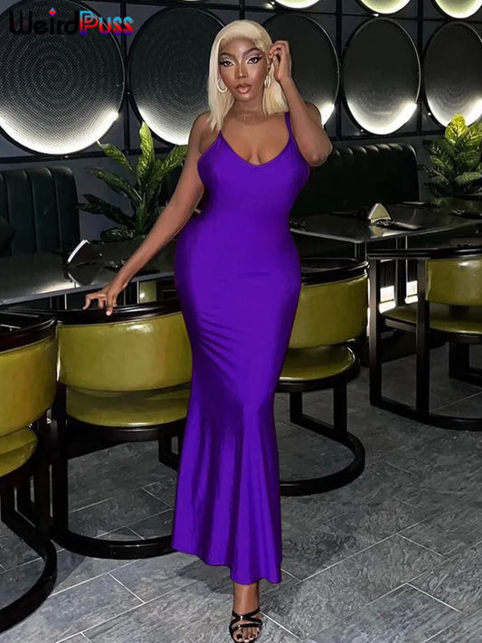 Weird Puss Folds V-Neck Women Evening Long Dress Sexy Backless Sleeveless Coquette Elegant Mermaid Matching Banquet Prom Bodycon