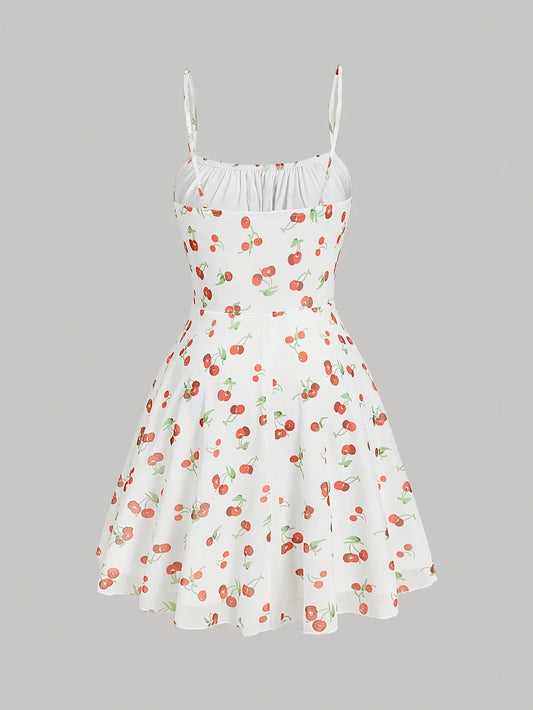 Cherry Printed Vintage Summer Dresses Y2kWomen Swing Robe Party Dress 2025 New Casual Vestidos Sexy Strapless A-Line Sundresses