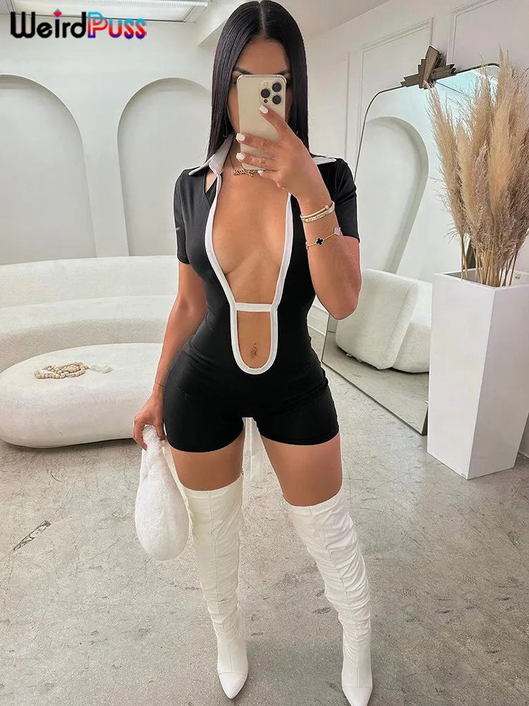 Weird Puss Backless Bandage Romper Women Sexy Polo-Neck Short Sleeve Stretch Fitness Playsuit Skinny Streetwear Hipster Overalls