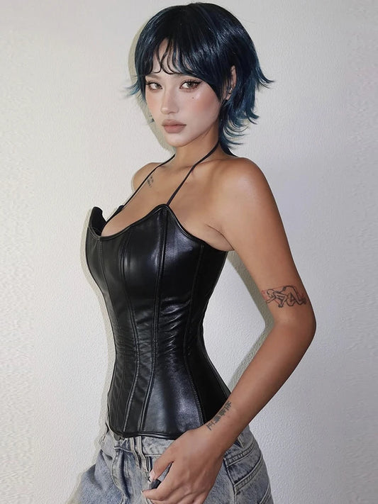 Weird Puss Sexy Faux Leather Tank Top Women Fashion Casual Sleeveless Patchwork Irregular Hem Coquette Midnight Party Club Vest