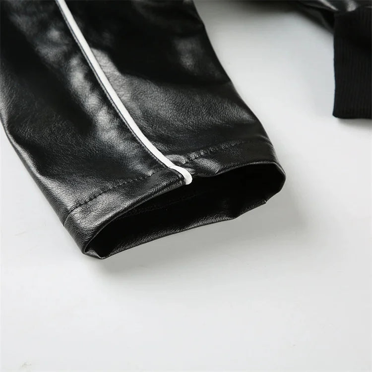 Weird Puss PU Patchwork Women Jacket Letter Print Hipster Button Zip Full Sleeve Trend Cool Street Spring Outwear Crop Coat