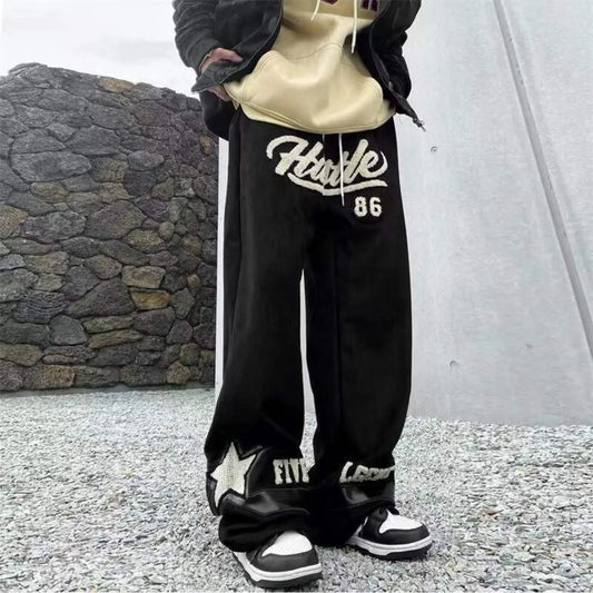 Summer New Casual Pants Men Retro Fashion Straight Pants Men Streetwear Drawstring Letter Hip-hop Trend Loose Balck Trousers