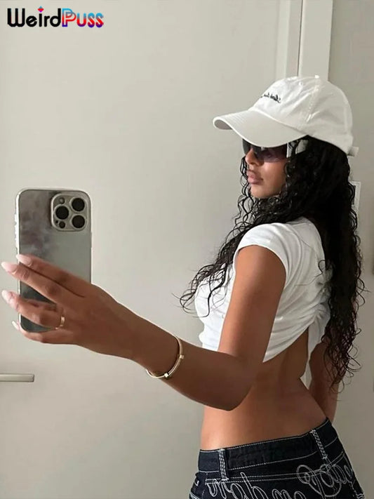 Weird Puss Casual T-Shirt Monogram Y2K Women Shorts Sleeve Shirring Crop Tops Chic Hot Hot Girl Wild Streetwear Tees