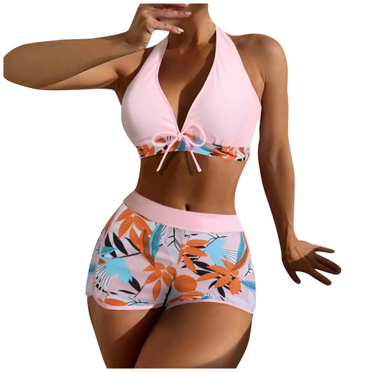 Shorts Bikinis Set High Waist Swimsuit Women Swimwear Plant Print Bathers Bathing Swim Suit Beachwear