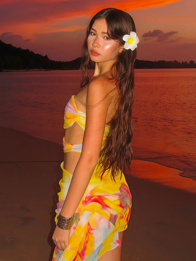 Weird Puss Colorful Print Strapless Dress Women Thin Irregular Multilayer Mesh Side Knot Hollow Beach Vacation Club Mini Bodycon