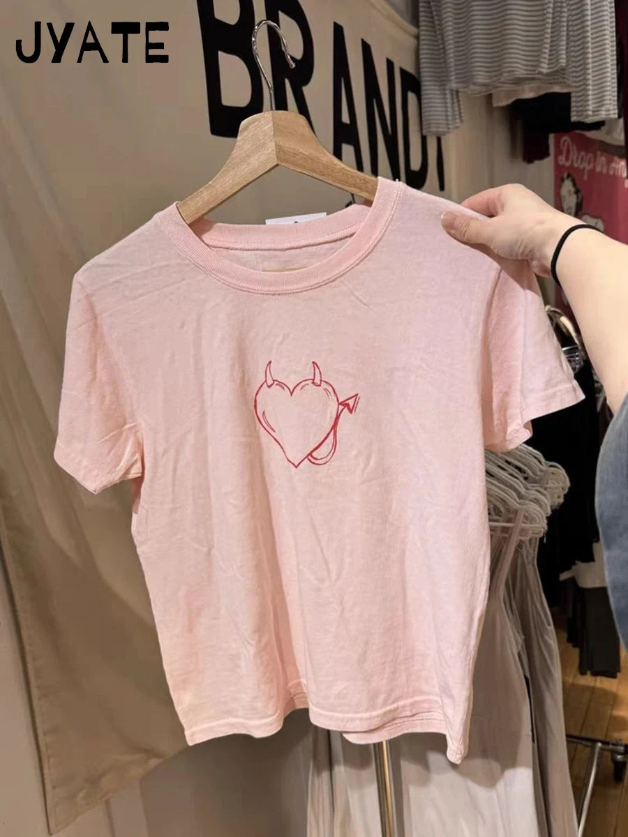 Sweet Star Appliques Slim Crop Top ladies Round Neck Y2K Tops